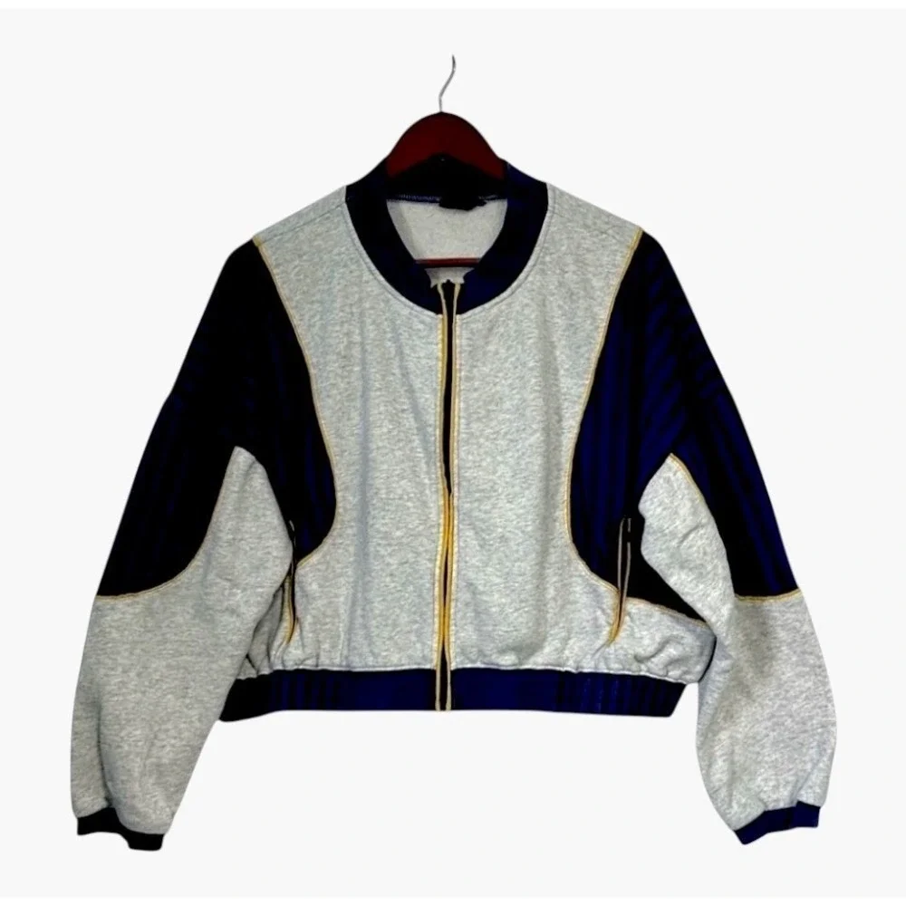 Urban Outfitters Womens Cropped Bomber Colorblock Jacket M Gray‎ Navy Gold Y2K